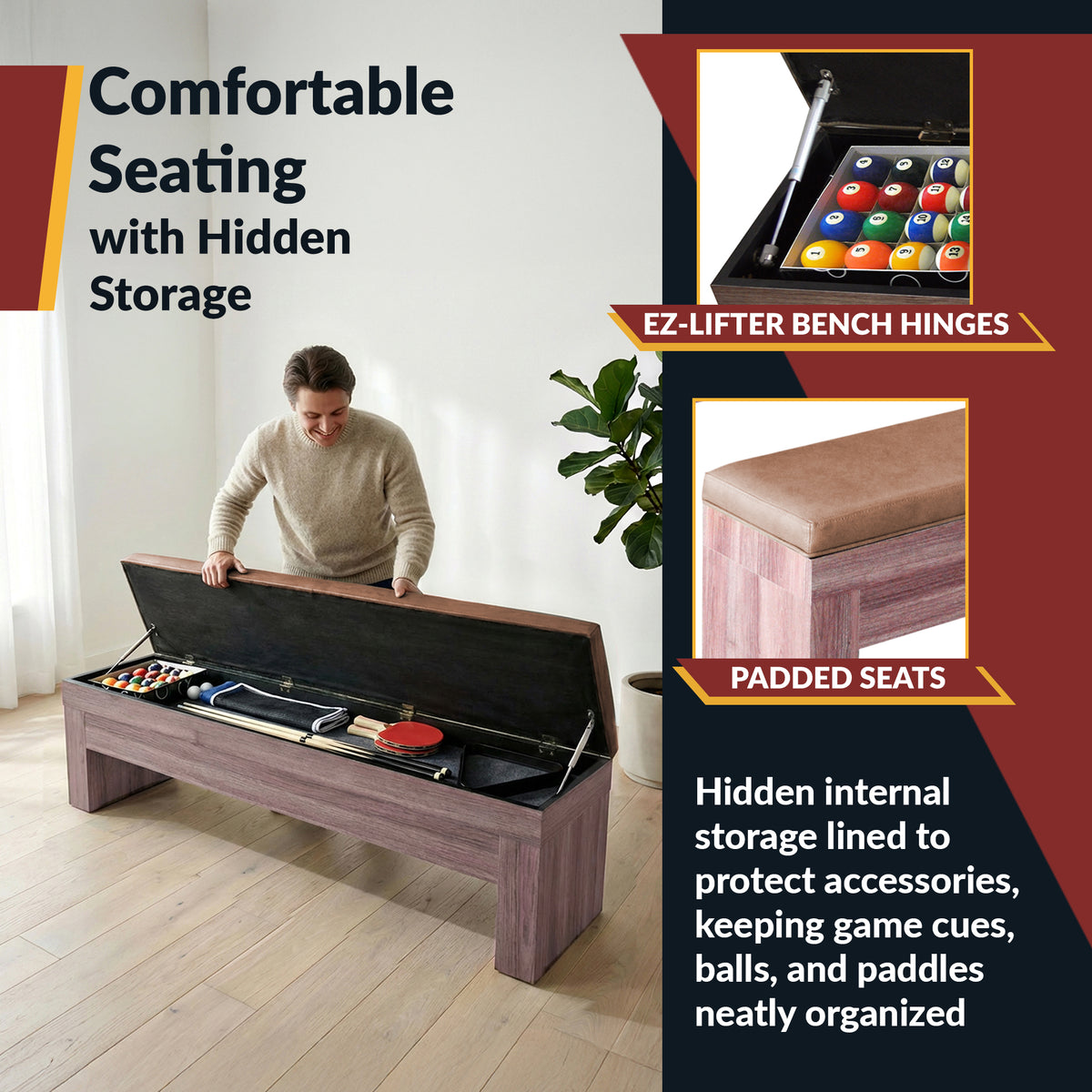 Newport 7-ft Pool Table Combo Set with Benches - Light Oak with Red Felt