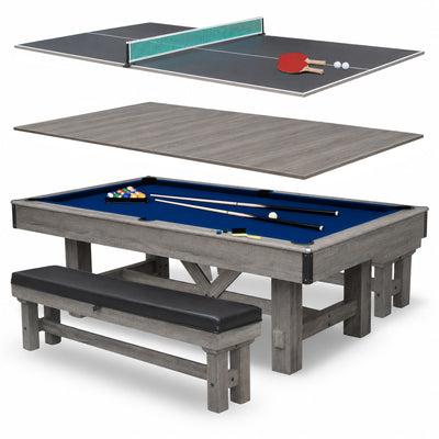 Logan 7-ft Pool Table Combo Set with Benches - Rustic Gray with Blue Felt