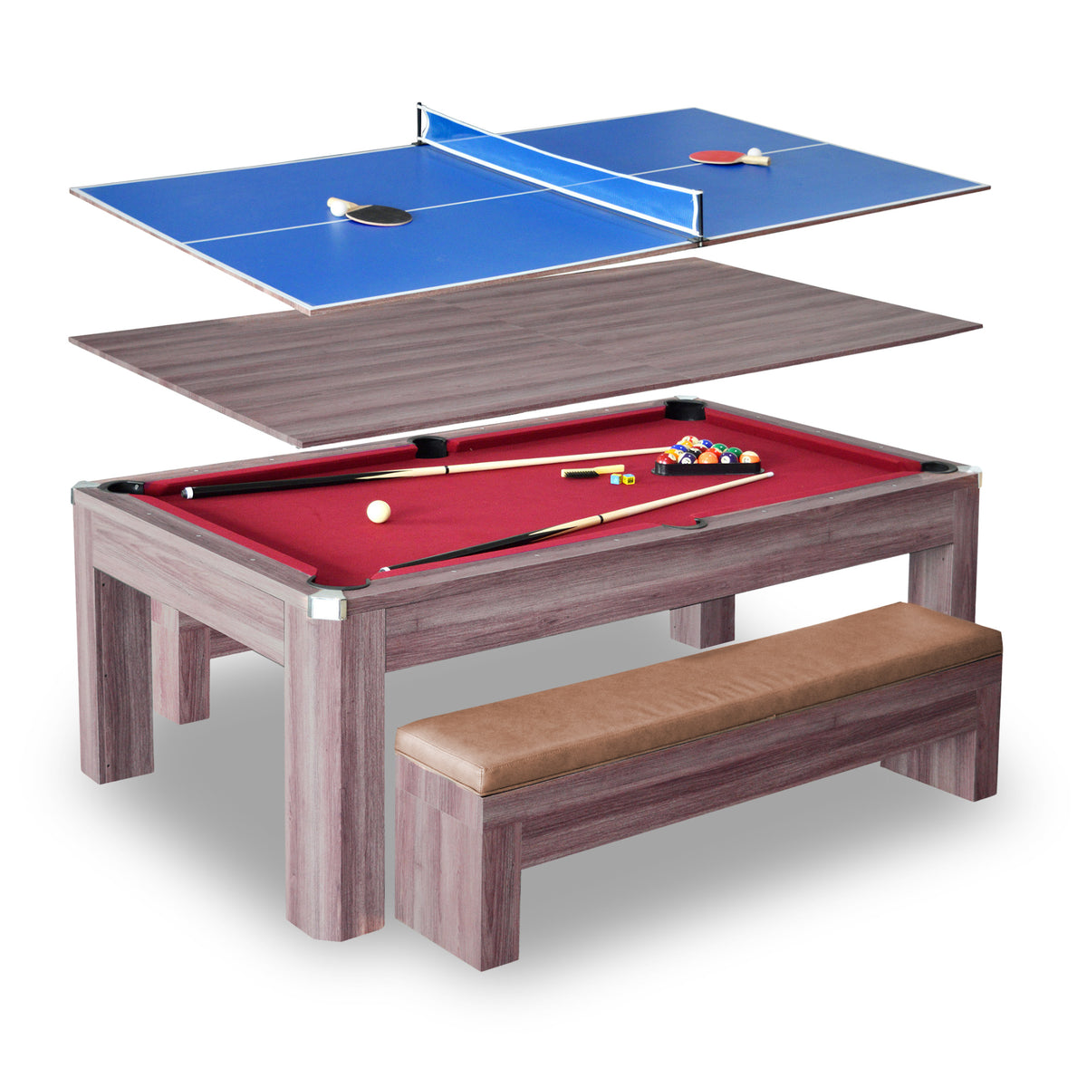 Newport 7-ft Pool Table Combo Set with Benches - Light Oak with Red Felt