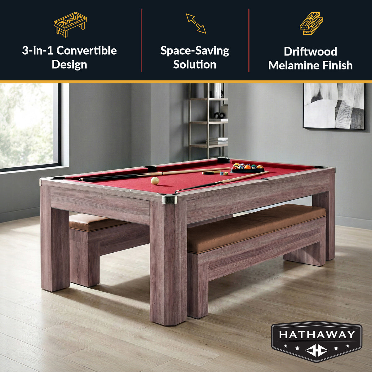 Newport 7-ft Pool Table Combo Set with Benches - Light Oak with Red Felt