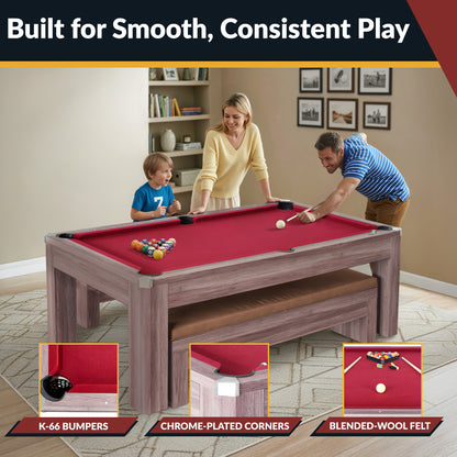 Newport 7-ft Pool Table Combo Set with Benches - Light Oak with Red Felt