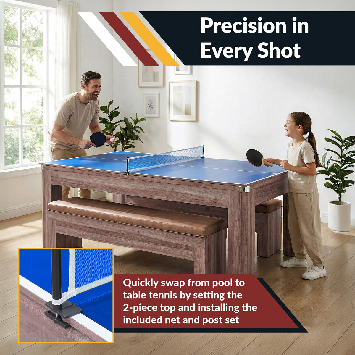Newport 7-ft Pool Table Combo Set with Benches - Light Oak with Red Felt