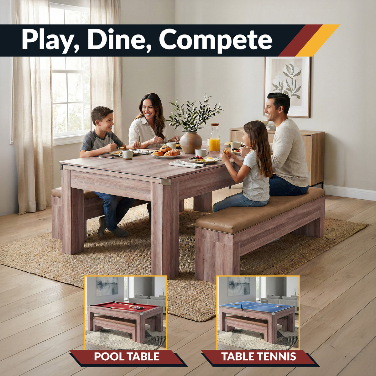 Newport 7-ft Pool Table Combo Set with Benches - Light Oak with Red Felt