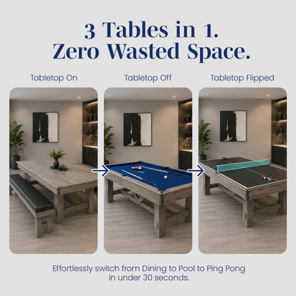 Logan 7-ft Pool Table Combo Set with Benches - Rustic Gray with Blue Felt